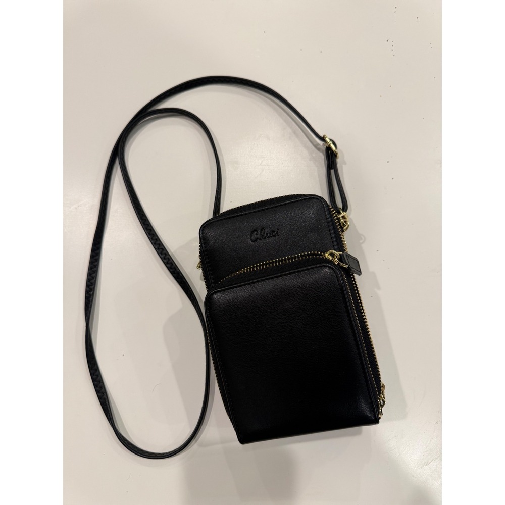 Cluci‎ Black Vegan Leather Small Crossbody Phone Bag Wallet Gold Hardware
